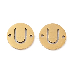 PVD Vacuum Plating 201 Stainless Steel Hollow Flat Round Links, Letter Connector Charms, Real 18K Gold Plated, Letter U, 12x1mm, Hole: 1.2mm(FIND-R149-03U-G)