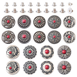 9 Style Alloy Decorative Rivets, with Resin Imitation Turquoise and Screws, for Purse, Bags, Leather Crafts Decoration, Mixed Shape, Antique Silver, Red, 26~30x6.5~10.5mm, Hole: 2~2.6mm, 9 Style/set(BUTT-SW0001-04B)
