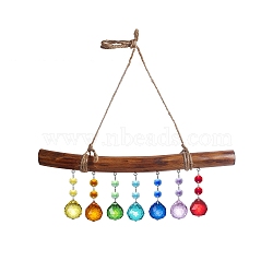 Glass Teardrop Hanging Suncatchers, Rainbow Maker, with Glass Octagon Link and Wood Stick for Garden Window Decoration, Colorful, 300x380mm(PW-WG21031-01)