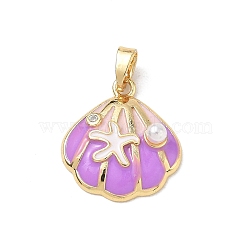 Brass Enamel Pendants, Shell Shape with Starfish Charms, with Plastic Pearls & Rhinestone, Golden, 18.5x16.5x5mm, Hole: 5x2.5mm(RB-CBA2CEF-04G)