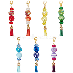 Glass & Acrylic & Resin Beaded Pendant Decorations, with Faux Suede Tassel Pendant, with Alloy Lobster Claw Clasps, Mixed Color, 123mm, 7 colors, 1pc/color, 7pcs/set(HJEW-AB00359)