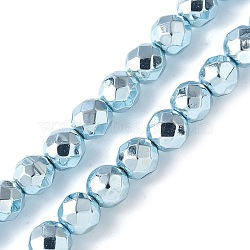 Electroplated Synthetic Non-magnetic Hematite Beads Strands, Round, Faceted, Light Sky Blue, 6x5.5mm, Hole: 1mm, about 68~72pcs/strand, 15.59~15.98''(39.6~40.6cm)(G-B132-B01-01H)