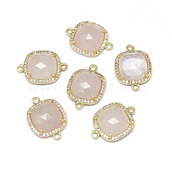 Natural Rose Quartz Links connectors, with Golden Tone Brass Findings and Cubic Zirconia, Faceted, Square, Clear, 18.5~19x13.5x4.5mm, Hole: 1.6mm(G-L514-019D)