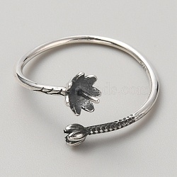 925 Sterling Silver Open Cuff Design Ring Mounts Fittings with Pearl Seat, Ring Settings For Half-drilled Beads, Antique Silver, US Size 7 1/4(17.5mm), Pin: 0.8mm(STER-WH0016-09AS)