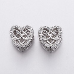 Brass Micro Pave Cubic Zirconia European Beads, Large Hole Beads, Hollow, Heart, Clear, Platinum, 11x7.5mm, Hole: 4.5mm(OPDL-P001-32)