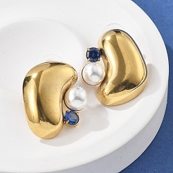 304 Stainless Steel Stud Earrings, with Cubic Zirconia and Plastic Imitation Pearl, Real 18K Glod Plated, Teardrop, Real 18K Gold Plated, 26.5x22.5mm(EJEW-R020-01G-01)