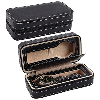 Rectangle 2 Slot PU Leather Watch Storage Zipper Boxes, Portable Travel Wristwatch Organizer Case, Holds up to 2Pcs Watch Storage, Black, 8.5x18x5.8cm