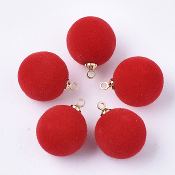 Flocky Acrylic Pendants, with Brass Findings, Round, Golden, Red, 18x14mm, Hole: 1.6mm