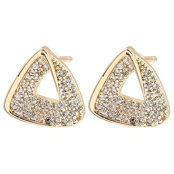 Brass Micro Pave Clear Cubic Zirconia Triangle Stud Earrings for Women, Light Gold, 13x13.5mm