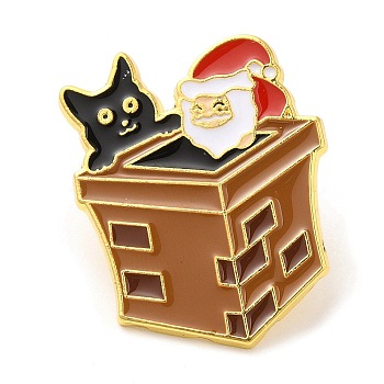 Christmas Santa Claus & Chimney & Cat Enamel Pins for Women, Alloy Brooch for Backpack Clothes, Golden, 32x25x1.5mm