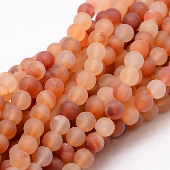 Dyed Frosted Natural Agate Round Beads Strands, Coral, 8mm, Hole: 1mm, about 48pcs/strand, 14.9 inch