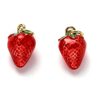 Brass Enamel Charms, Long-Lasting Plated, with Jump Ring, Strawberry Shape, Real 18K Gold Plated, Red, 11.5x7.5x7mm