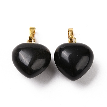 Natural Obsidian Pendants, with Golden Tone Brass Findings, Heart Charm, 18x15~15.5x6~8mm, Hole: 6x3mm