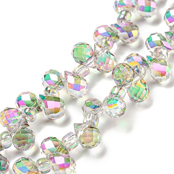 Electroplate Transparent Glass Beads Strands, Rainbow Plated, Faceted Teardrop, Top Drilled, Gainsboro, 6x4mm, Hole: 0.8mm, about 97~102pcs/strand, 10.63''~14.80''(27~37.6cm)