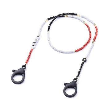Personalized Dual-use Items, Beaded Necklaces or Eyeglasses Chains, with Brass Beads, Glass Seed Beads, Plastic Lobster Claw Clasps and Acrylic Beads, Word Love, Black, 24.8 inch(63cm)