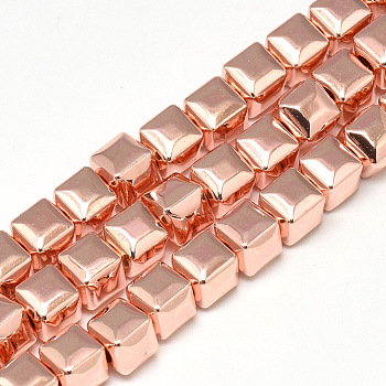Electroplate Non-magnetic Synthetic Hematite Beads Strands, Cube, Rose Gold Plated, 6x6x6mm, Hole: 2mm, about 70pcs/strand, 16.1 inch