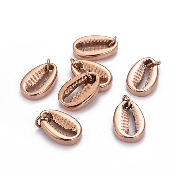 304 Stainless Steel Pendants, with Jump Ring, Cowrie Shell, Rose Gold, 18x12x3.5mm, Hole: 4mm