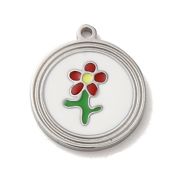 304 Stainless Steel Enamel Pendants, Flat Round with Flower Charm, Stainless Steel Color, 16x14x1mm, Hole: 1mm
