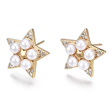 Brass Micro Pave Cubic Zirconia Stud Earrings, with
ABS Plastic Imitation Pearl, Nickel Free, Star, Creamy White, Real 16K Gold Plated, 15x15.5mm, Pin: 0.8mm