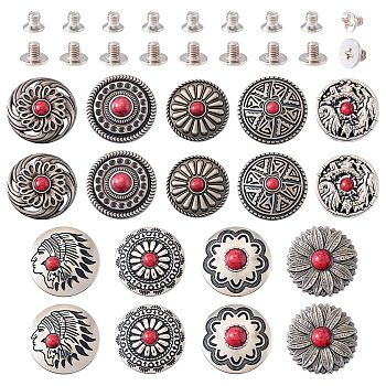 9 Style Alloy Decorative Rivets, with Resin Imitation Turquoise and Screws, for Purse, Bags, Leather Crafts Decoration, Mixed Shape, Antique Silver, Red, 26~30x6.5~10.5mm, Hole: 2~2.6mm, 9 Style/set