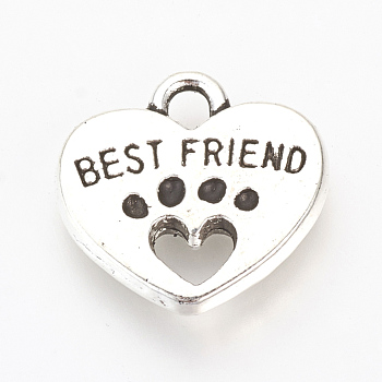Tibetan Style Alloy Charms, Heart with Best Friend, Cadmium Free & Lead Free, Antique Silver, 14.5x15x2.5mm, Hole: 2mm