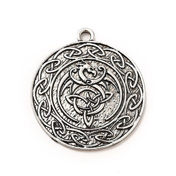 Tibetan Style Alloy Pendants, Flat Round with Dragon & Knot Charm, Antique Silver, 38x34x2.5mm, Hole: 2.6mm