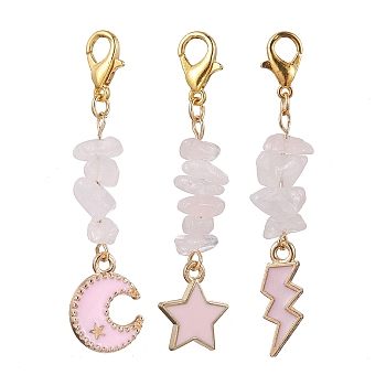 3Pcs 3 Styles Alloy Enamel Pendants Decoraiton, Natural Rose Quartz Chip Beads and Alloy Lobster Claw Clasps Charm, Moon & Star & Lightning, Pink, 49~55mm, 1pc/style