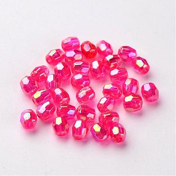 AB Color Plated Eco-Friendly Transparent Acrylic Barrel Beads, Faceted, Fuchsia, 4x4mm, Hole: 1mm, about 13333pcs/500g