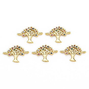 Brass Micro Pave Cubic Zirconia Links, Tree, Colorful, Golden, 13x18.5x2.5mm, Hole: 1mm