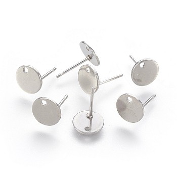 304 Stainless Steel Stud Earring Findings, with Flat Plate, Flat Round, Stainless Steel Color, 8x0.8mm, Hole: 1.5mm, Pin: 0.8mm