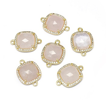 Natural Rose Quartz Links connectors, with Golden Tone Brass Findings and Cubic Zirconia, Faceted, Square, Clear, 18.5~19x13.5x4.5mm, Hole: 1.6mm
