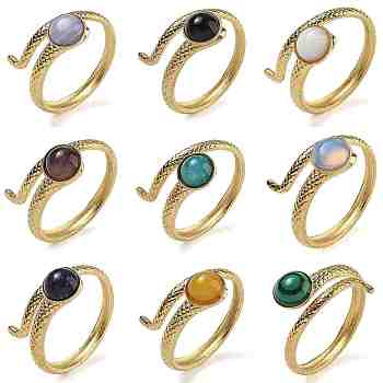 Natural & Synthetic Gemstone Finger Rings, Snake 304 Stainless Steel Open Cuff Rings, Real 18K Gold Plated, Inner Diameter: 17mm