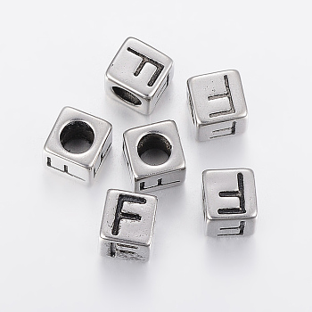304 Stainless Steel Large Hole Letter European Beads, Cube with Letter.F, Antique Silver, 8x8x8mm, Hole: 5mm