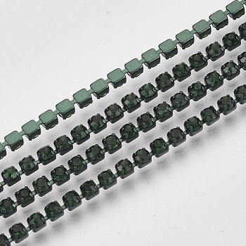 Electrophoresis Iron Rhinestone Strass Chains, Rhinestone Cup Chains, with Spool, Emerald, SS6.5, 2~2.1mm, about 10yards/roll