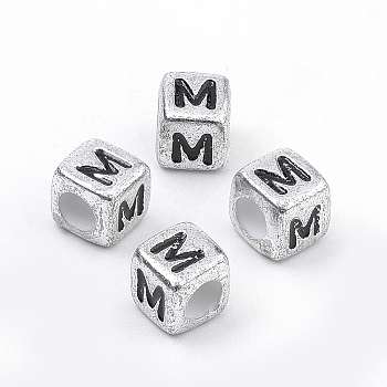 Plated Acrylic Beads, Horizontal Hole, Cube with Letter, Antique Silver, Letter.M, 6mm, Hole: 3mm