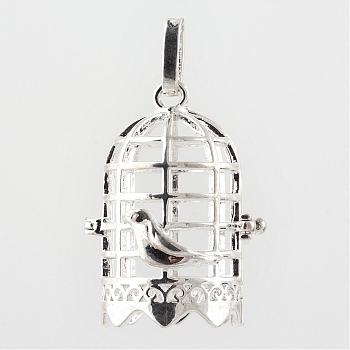 Rack Plating Brass Cage Pendants, For Chime Ball Pendant Necklaces Making, Birdcage, Silver Color Plated, 38x26x22mm, Hole: 4x8mm, inner measure: 18x23mm