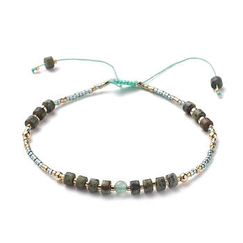 Adjustable Nylon Thread Braided Bead Bracelets, with Natural African Turquoise(Jasper) & Green Aventurine Beads, Brass Round Beads and Glass Seed Beads, 2-3/8~3-1/2 inch(5.9~8.8cm)