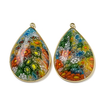 Rack Plating Brass Pendants, with Lampwork, Long-Lasting Plated, Taerdrop, Colorful, 35.5~36x24x6.5mm, Hole: 1.3mm