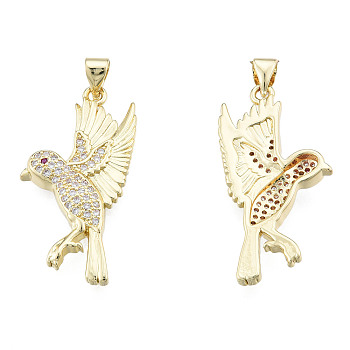 Brass Micro Pave Clear Cubic Zirconia Pendants, with Brass Snap on Bails, Nickel Free, Bird, Real 18K Gold Plated, 32.5x15.5x3.5mm, Hole: 3x4mm