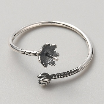 925 Sterling Silver Open Cuff Design Ring Mounts Fittings with Pearl Seat, Ring Settings For Half-drilled Beads, Antique Silver, US Size 7 1/4(17.5mm), Pin: 0.8mm