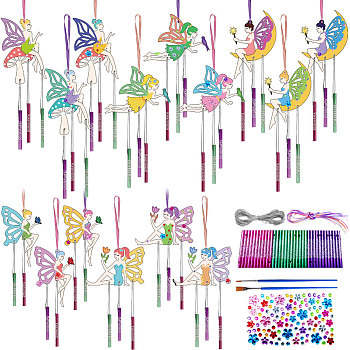 DIY Wood Wind Chime Making Kit, Including 45Pcs Aluminum Tube Wind Chim, 15Pcs Wood , 13M Silver Wire, 2Pcs Brush, 1 Sheets Rhinestone Sticker, 15Pcs Colored Rope, Fairy, 126x79mm