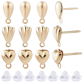24Pcs 3 Style Teardrop & Shell & Heart Alloy Stud Earrings Findings, with Horizontal Loops & 30Pcs Eco-Friendly Plastic Ear Nuts, Real 14K Gold Plated, 7.5~10x5~5.5mm, Hole: 1mm, Pin: 0.7~0.8mm, 8Pcs/style