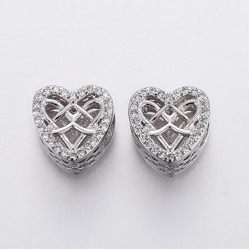 Brass Micro Pave Cubic Zirconia European Beads, Large Hole Beads, Hollow, Heart, Clear, Platinum, 11x7.5mm, Hole: 4.5mm