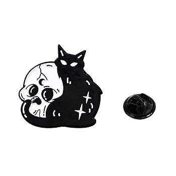 Black Alloy Brooches, Enamel Pins, for Backpack Cloth, Skull Theme, Cat Shape, 30x30mm