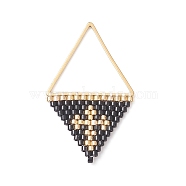 Handmade Japanese Seed Beads Pendants, Triangle with Cross Charms, Black, 37~38x23x2mm, Hole: 17x20mm(PALLOY-MZ00136-03)