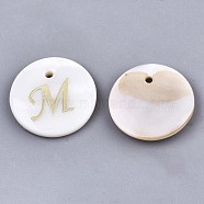 Natural Freshwater Shell Pendants, with Golden Plated Brass Etched Metal Embellishments, Flat Round with Letter, Letter.M, 15x2mm, Hole: 1.2mm(SHEL-N027-04M)