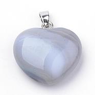 Natural Grey Agate Pendants, with Alloy Findings, Heart, Platinum, 27~29x28x11mm, Hole: 3.5x5mm(G-S219-18F)