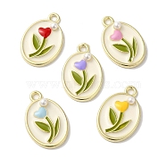 Rack Plating Alloy Enamel Pendants, with ABS Imitation Pearl, Cadmium Free & Nickel Free & Lead Free, Oval with Flower Charms, Golden, Mixed Color, 20x13x3.5mm, Hole: 1.8mm(FIND-I039-033G)