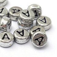 Plated Acrylic Horizontal Hole Letter Beads, Flat Round, Letter.A, 7x4mm, Hole: 1.3mm, about 3600pcs/500g(PACR-Q099-03A)