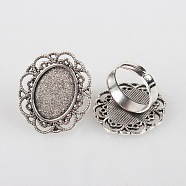 Vintage Adjustable Iron Flower Finger Ring Components Alloy Cabochon Bezel Settings, Cadmium Free & Lead Free, Antique Silver, Oval Tray: 13x18mm, 17mm(X-PALLOY-O036-19AS)